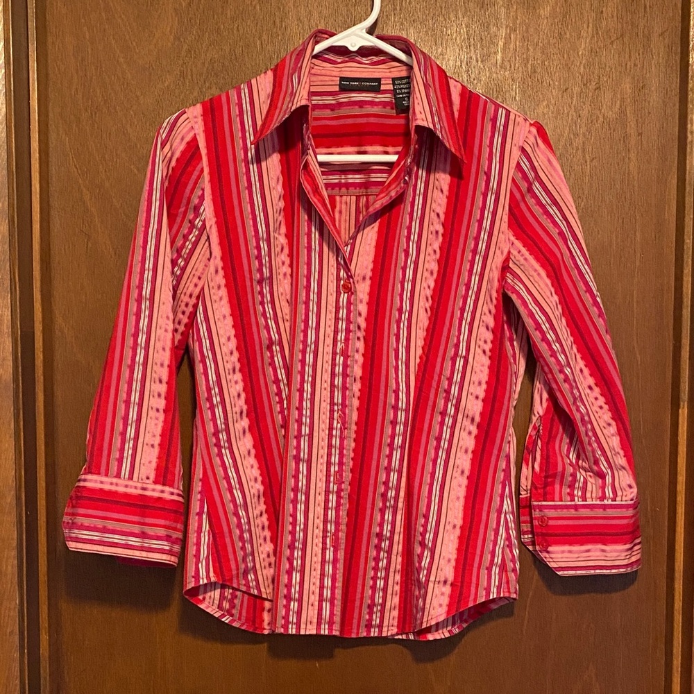 New York & Company Red and Pink Striped Shirt